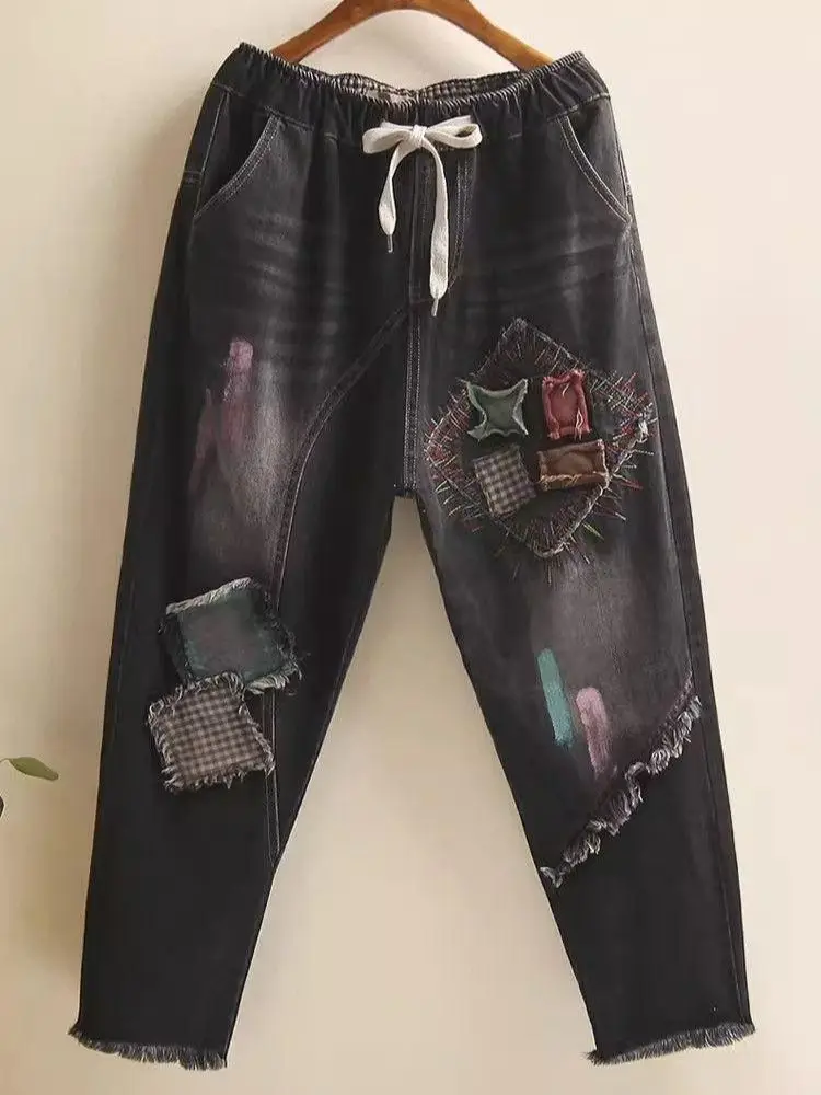 

Женские джинсы в стиле ретро, свободные шаровары до щиколотки с высокой талией и эластичным поясом, с вышивкой, весна-осень 2023