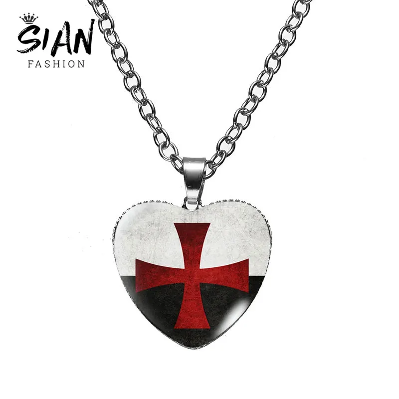 

Fashion Army Crusader Red Cross Heart Necklace Knights Templar Glass Dome Pendant Necklace Silver Plated Neck Chain Jewelry Gift