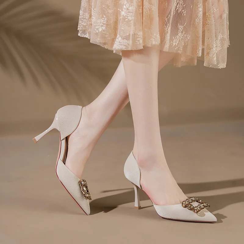 SOLEMATE French-style 2023 Spring New Rhinestone High Heels - Square Buckle Design for Professional and Fashionable Women