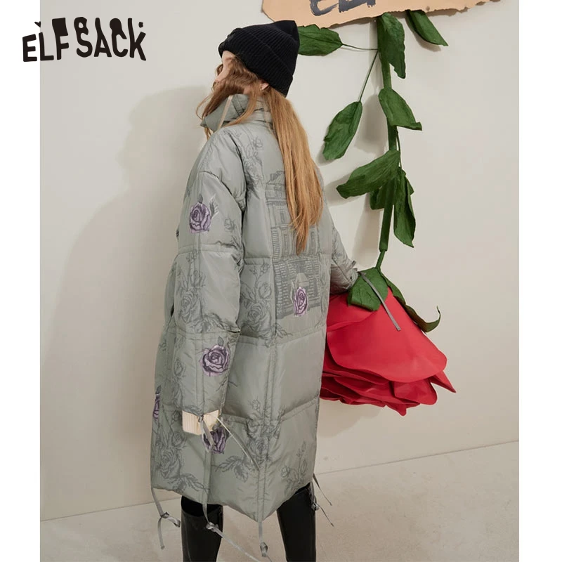 ELFSACK Gray Warm Down Coats Women 2022 Winter Windproof Long Outwears