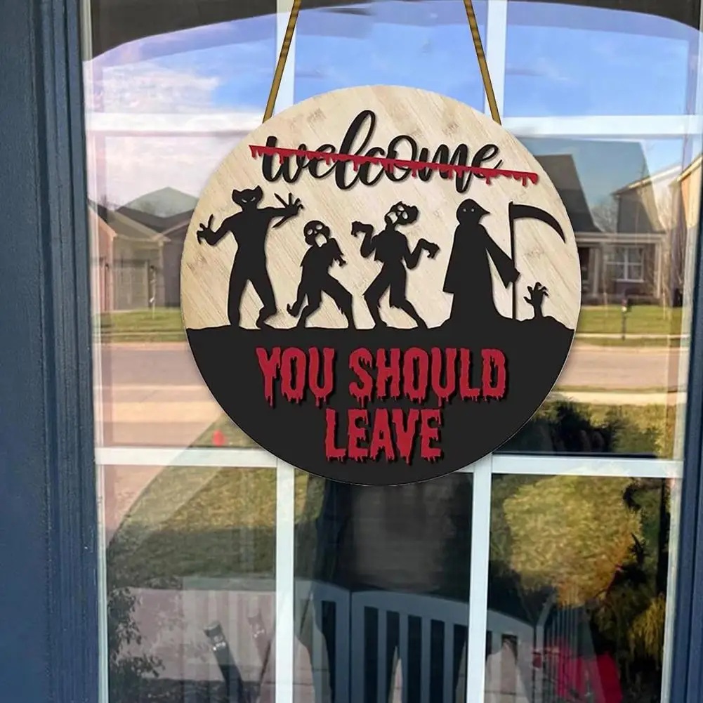 

Porch Hanging Sign Spooky Halloween Welcome Sign Front Door Decor for Farmhouse Home Bar Outdoor Window Wall Spooky Pattern