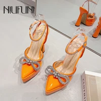 niufuni 2022 pointed toe rhinestone bow womens sandals summer sexy party shoes fashion high heels ankle buckle gladiator shoes