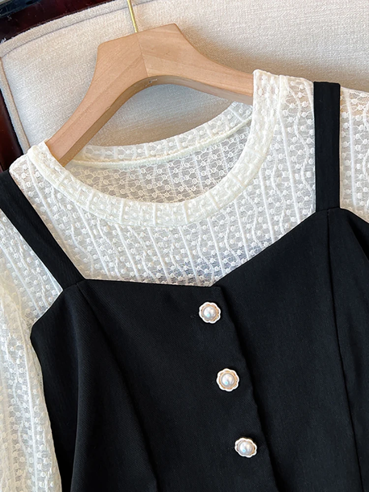 2024 черное лоскутное кружевное платье миди с длинным рукавом женское модное из