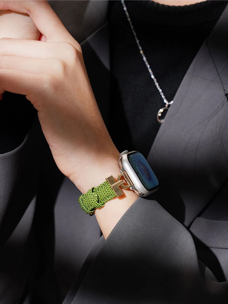 Slim Vintage Leather Band For Apple Watch 8 7 41mm 45mm Retro Green Genuine leather Wristband For Iwatch Series Ultra 6 5 4 se