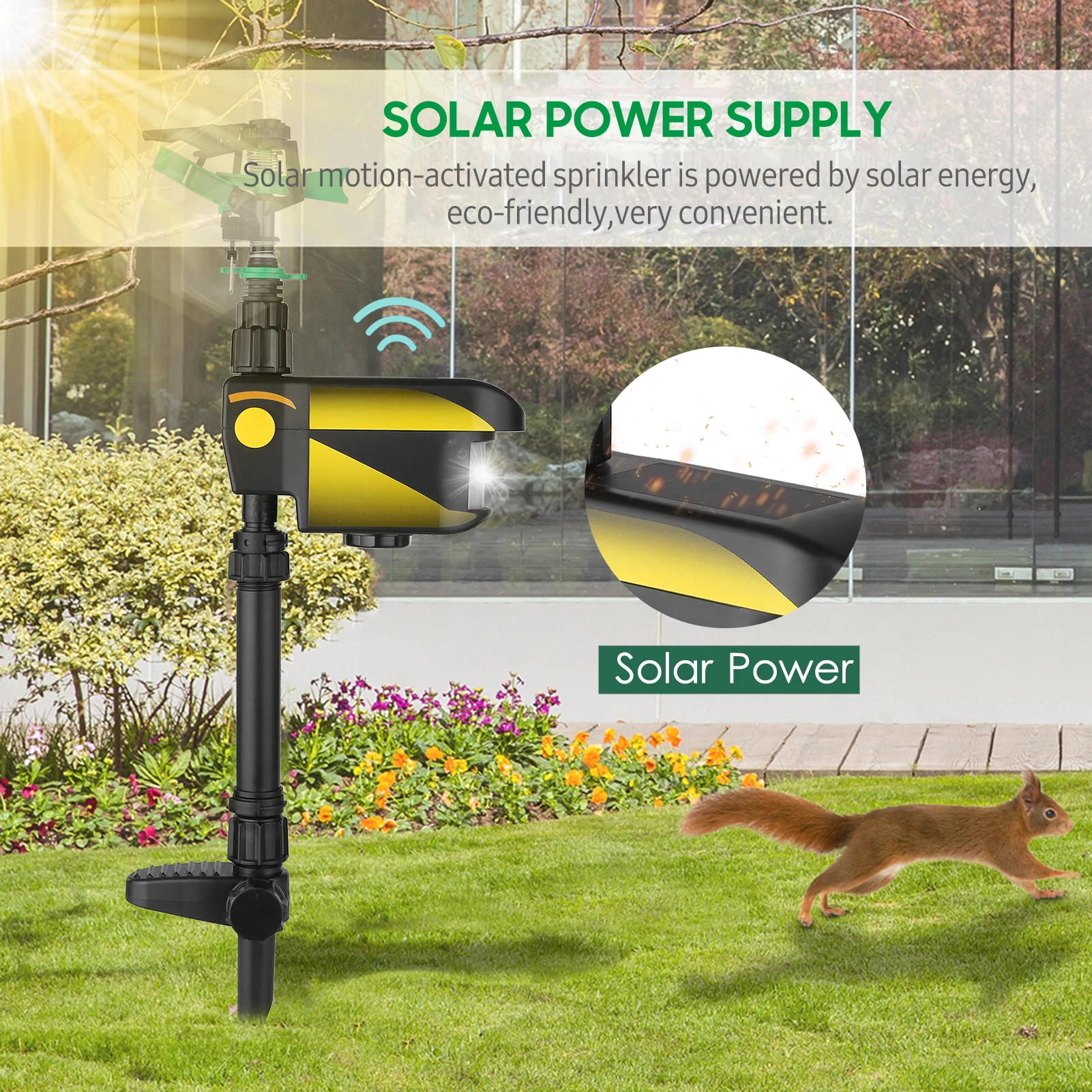 

Solar Power Motion-Activated Animal Repeller Yard Enforcer Motion-Activated Sprinkler with 3 Time Modes Spray Angle amp Sprinkle