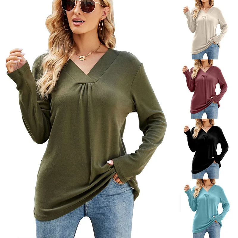 Купи Women's Autumn And Winter New Solid Color Long Sleeve Loose Top Fashionable Sexy V-Neck Casual Comfortable Pullover T-Shirt 2022 за 614 рублей в магазине AliExpress