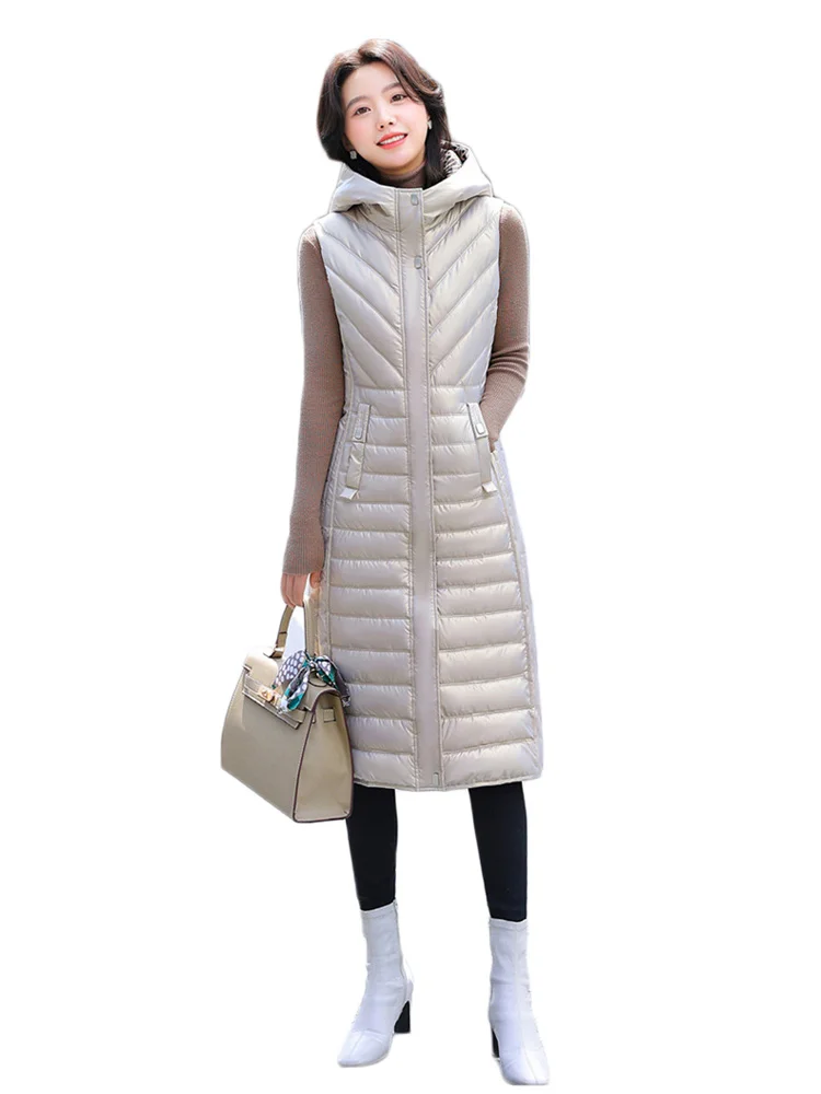 

Женский Длинный жилет цвета хаки с капюшоном, Модный облегающий хлопковый пуховый жилет в Корейском стиле без рукавов, Осень-зима 2022