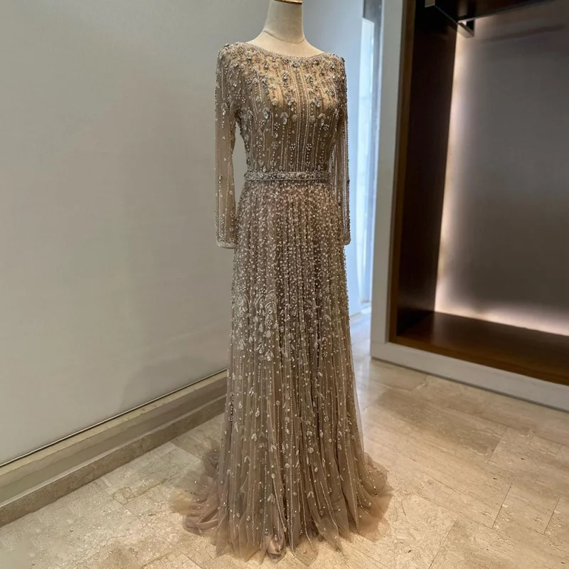 

Dubai Long Sleeves Beaded A Line Evening Dresses 2023 Wedding Guest Party Gowns For Women