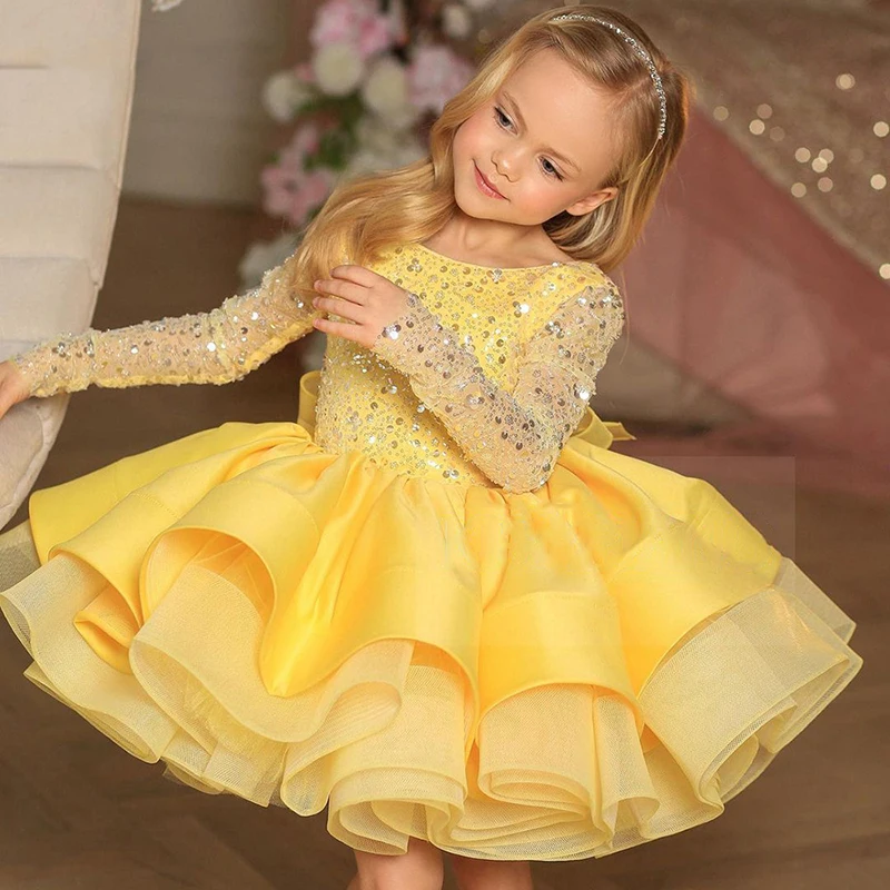 European and American children's wedding dress party dress girls long sleeve lace sequins show host birthday pompous skirt