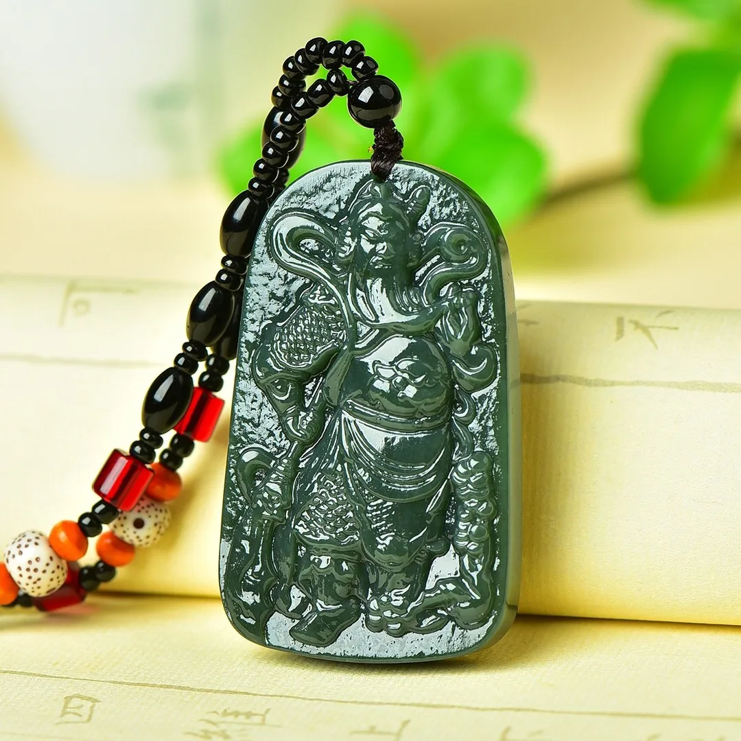 

Send Certificate Natural Hetian Green Jade Guan Gong Pendant With Rope Chain Charms Necklace Men Women Guan Yu Lucky Amulet Gift