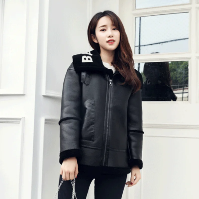 Winter Lamb Fur Lettered Coats Black Real Sheepskin Overcoat Women Genuine Leather Jacket Lady's Sherling Motorcycle Outer Wear