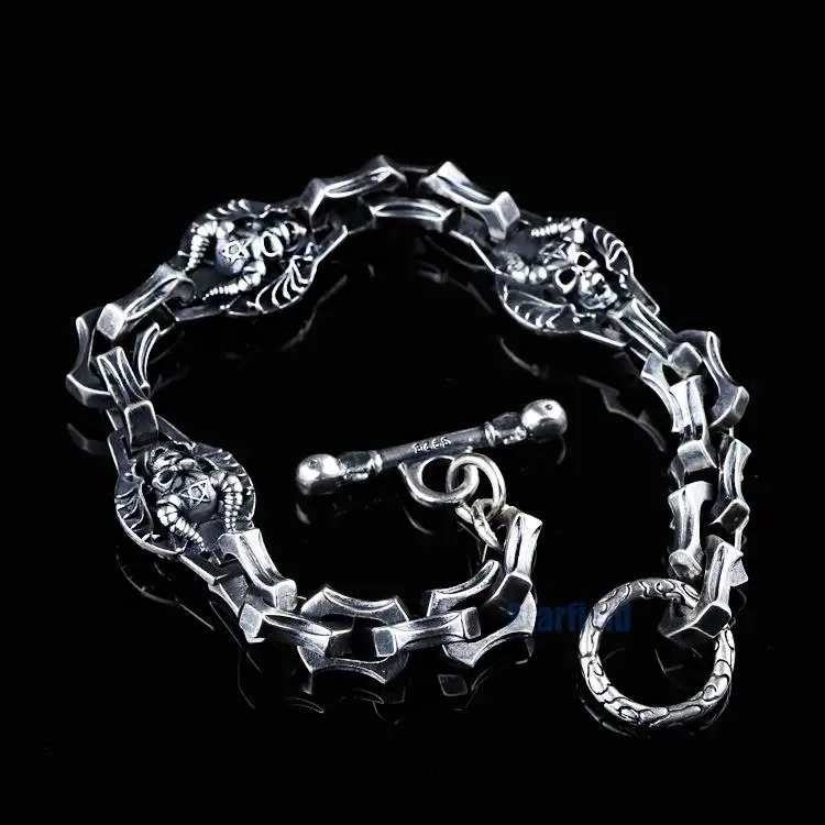 

S925 pure silver skull bracelet bracelet hip-hop style restoring ancient ways men live web celebrity friends New Year gifts