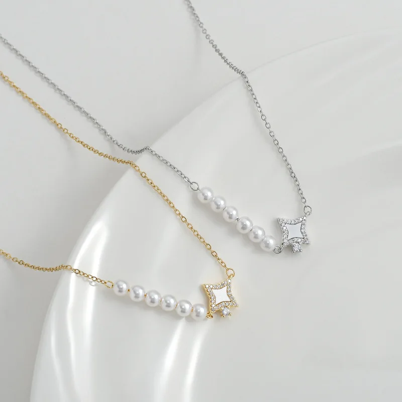 

Luxurious Micro Inlaid Zircon Temperament Clavicle Chain for Women Retro Shell Four Pointed Star Necklace Party Jewelry Gifts