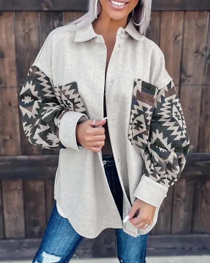 

Spring and Autumn New Women's Shirt Fashion Tribal Print Patch Pocket Long Sleeve Shackle Coat Casual Top