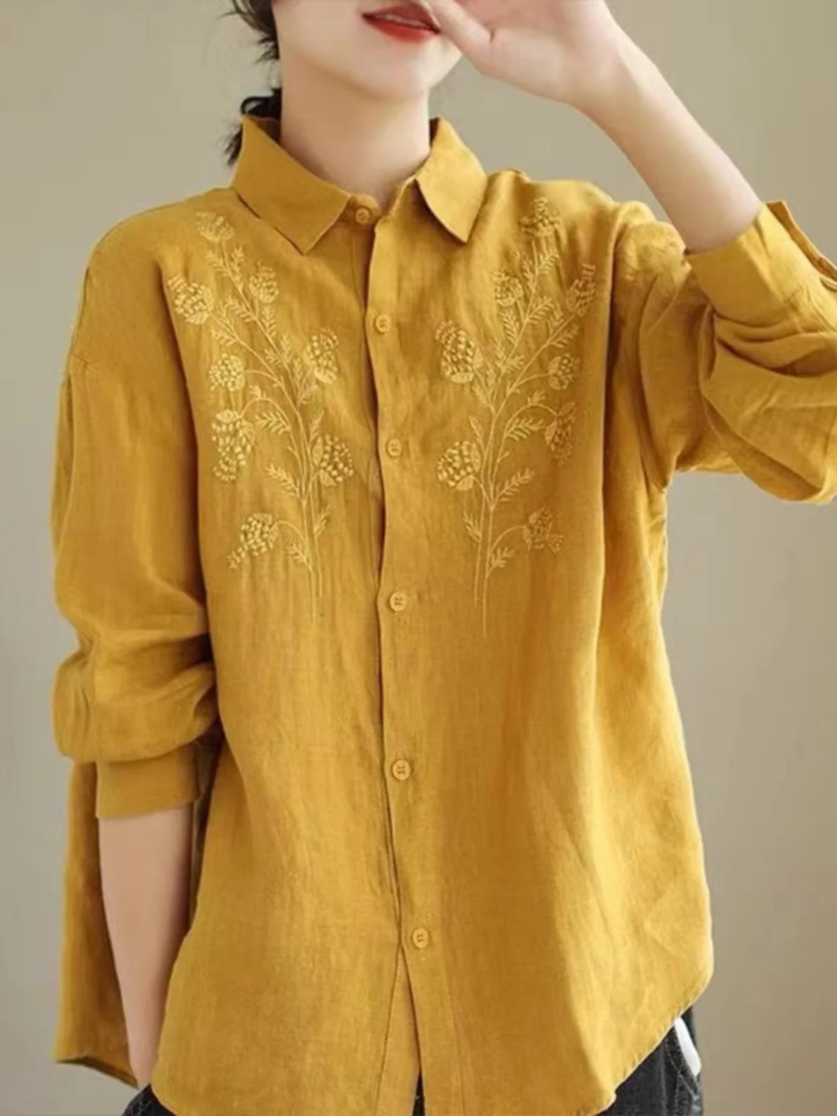 Рубашка из хлопка и льна с вышивкой длиной до рукавов Женская одежда Большие