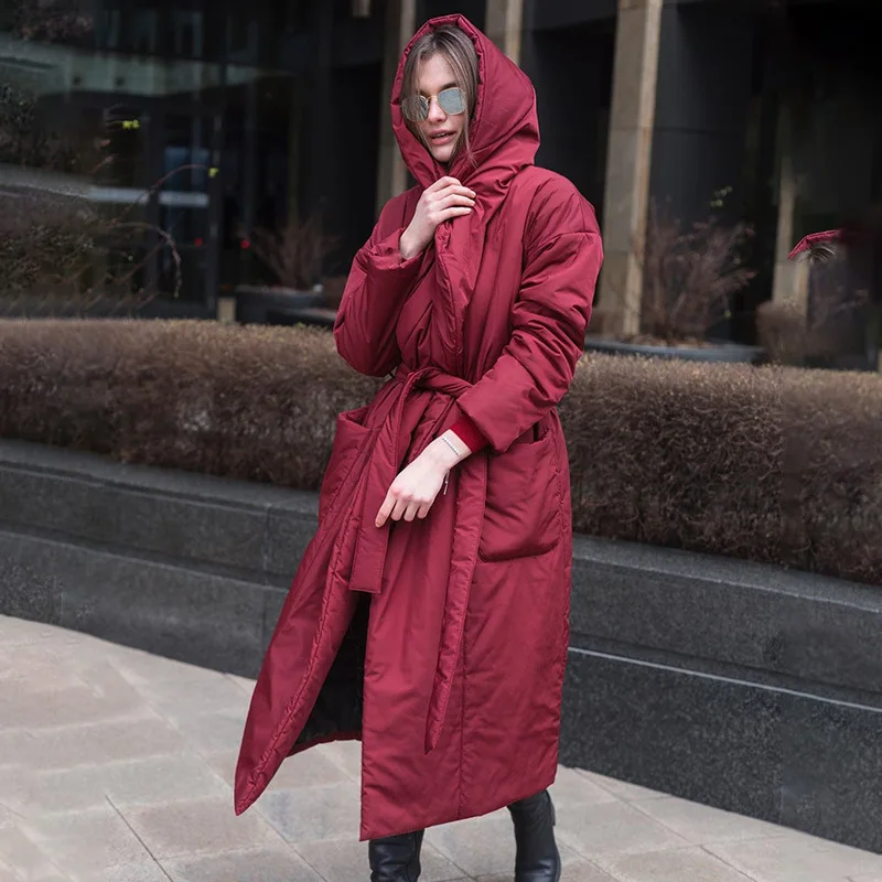 Winter Street Temperament Warm Thick Coat Solid Color Long-sleeved Hooded Belt Long Padded Jacket 2021 Fashion Women's Clothing