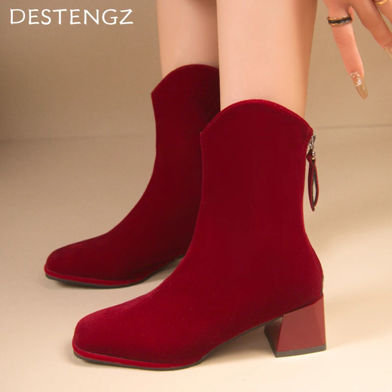 Замшевые женские ботильоны на массивном каблуке Модная элегантная Свадебная