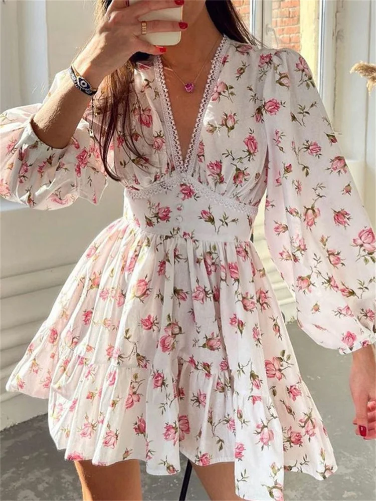 

Elegant Women Floral Print Short Mini Dress Long Lantern Sleeve Deep V Neck High Waist A-Line Dresses Female Vestidos