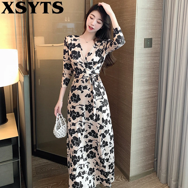 

Vestidos De Verano Mujer 2022 New Elegantes Para Party Holiday Floral Dress Sexy Korean Fashion Female Clothes V-neck Maxi Skirt