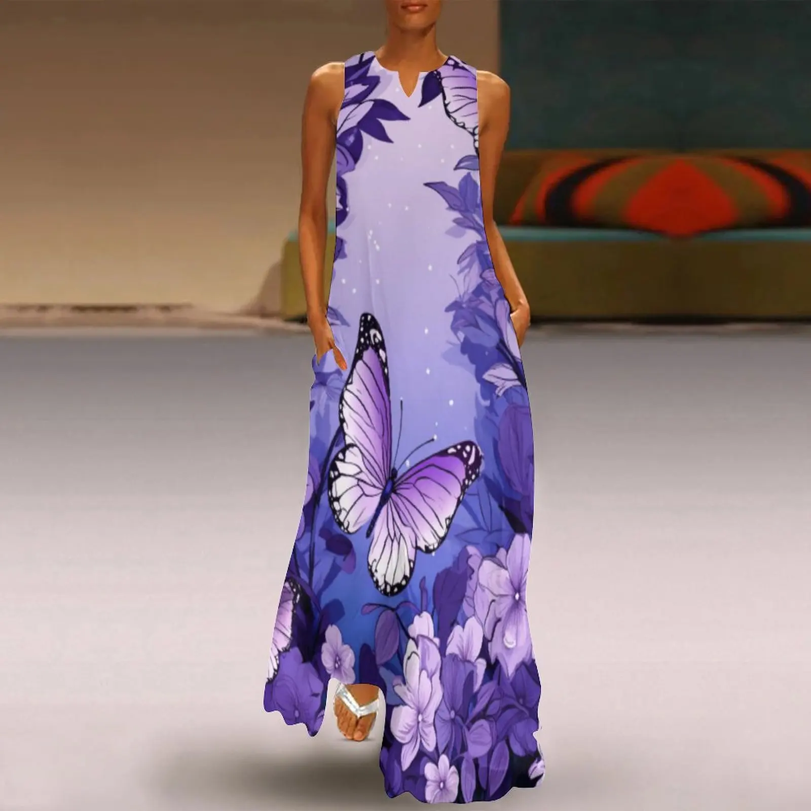 

Fashion Women's Long Dress Summer Butterfly FlowerPrint Elegant Dresses For WomenCasualWomens Dresses