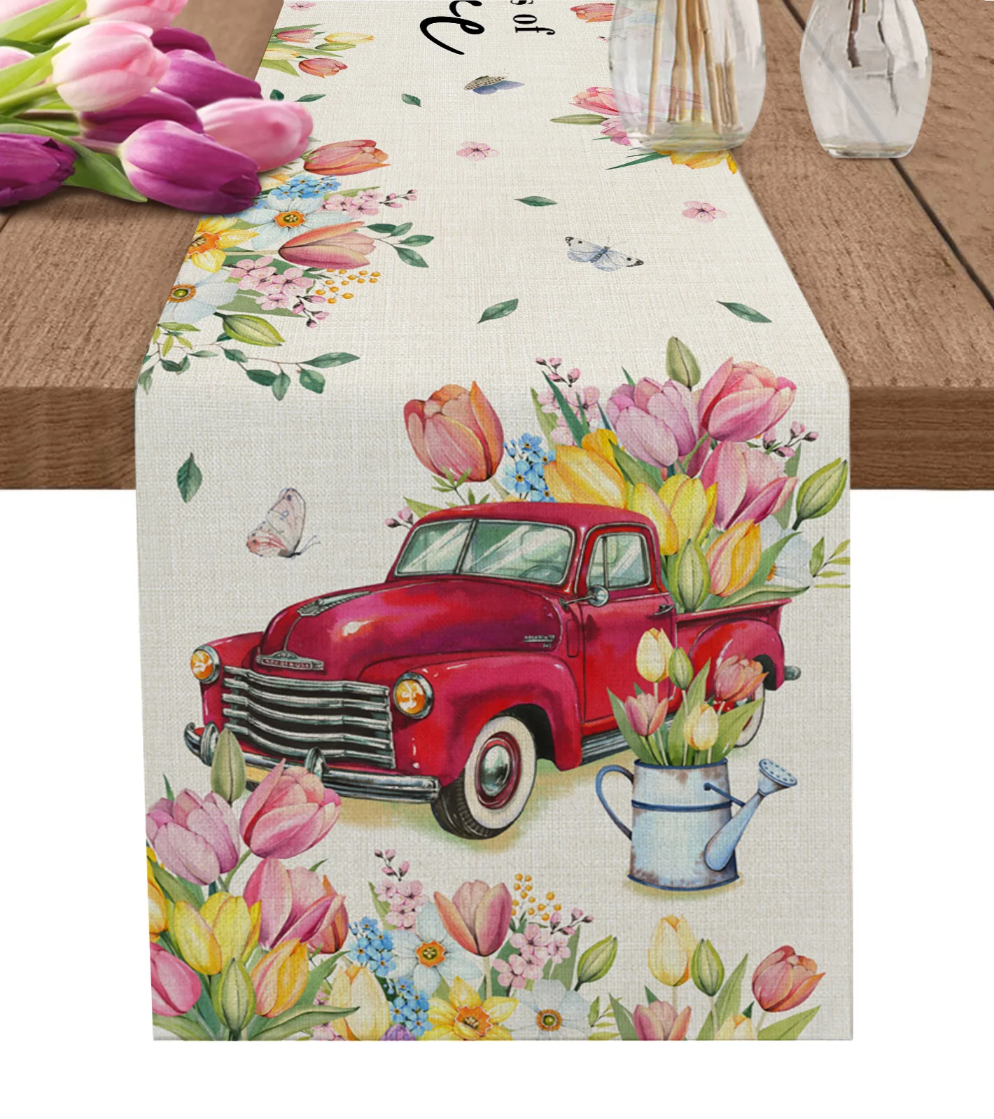 Весенний принт грузовика с тюльпанами на бегунах для стола из современного льна, домашнего текстиля для свадебного украшения, пасхальных украшений.
