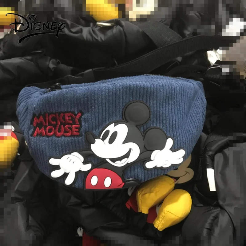 Disney Fanny Pack Blue Mickey Mouse Embroidered Plastic Avatar Corduroy Fabric for Children