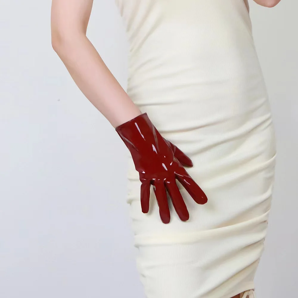 

Перчатки женские из лакированной кожи, зеркальные модные митенки средней длины из искусственной кожи, ярко-красные вечерние ные, 21 см