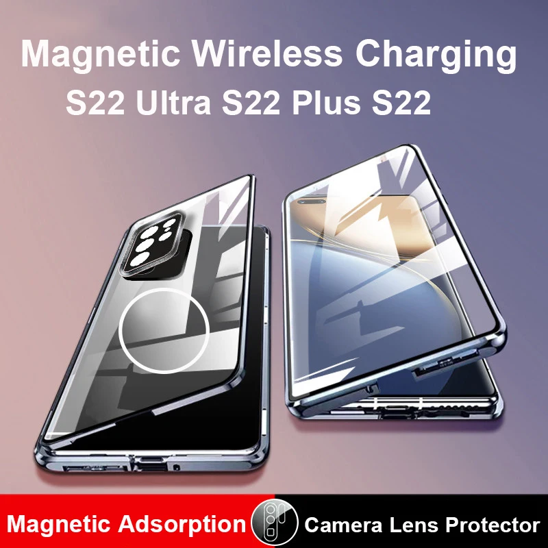Magnetic Wireless Charging Case For Samsung Galaxy S22 Ultra S22 Plus Double Sided Glass Metal Bumper Phone Cover Coque