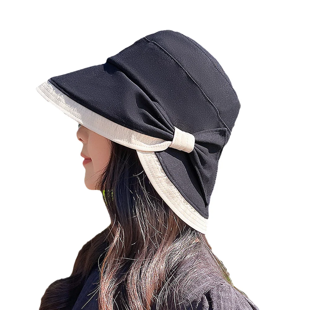 Lady Bucket Hats Korean Style Sunhat For Women Bow Tie Anti-UV 58cm Foldable Summer Beach Female Bob Cap YF0112