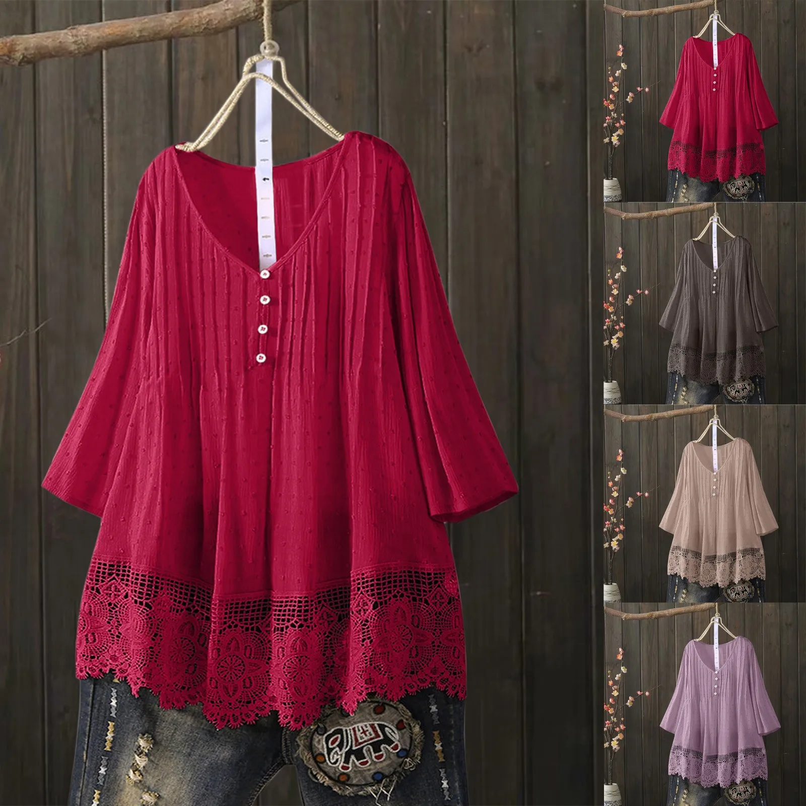 

Women Fashion Vintage Lace Hollow Out V-Neck Plus Size Blouses Top Short Sleeve Shirts Female Asymmetrical Blusa Plus Size Tunic