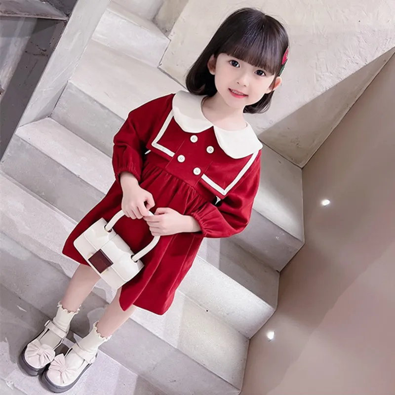 

2022 New Spring Kids Peter Pan Collar Princess Dress Korean Style Long Sleeve Cotton Girl Party Dress Toddler Children Clothing