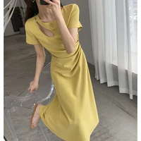 dress womens 2021 summer new hollow yellow french dress hollow out sheath casual cotton o neck summer