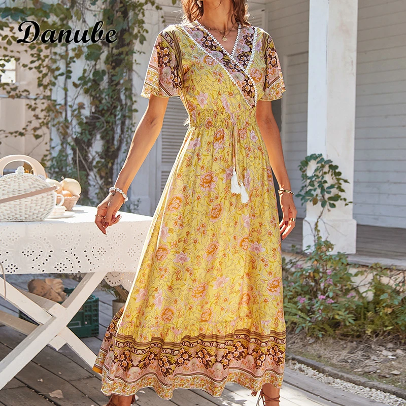 

Boho Long Dress For Women Summer V-neck Short Sleeve Floral Print Long Midi Dresses Ruffle Loose Party Sundress Fashion Vestidos