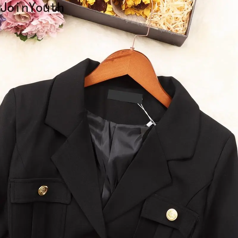 Женский костюм из двух предметов зимняя двубортная куртка-туника с пряжкой