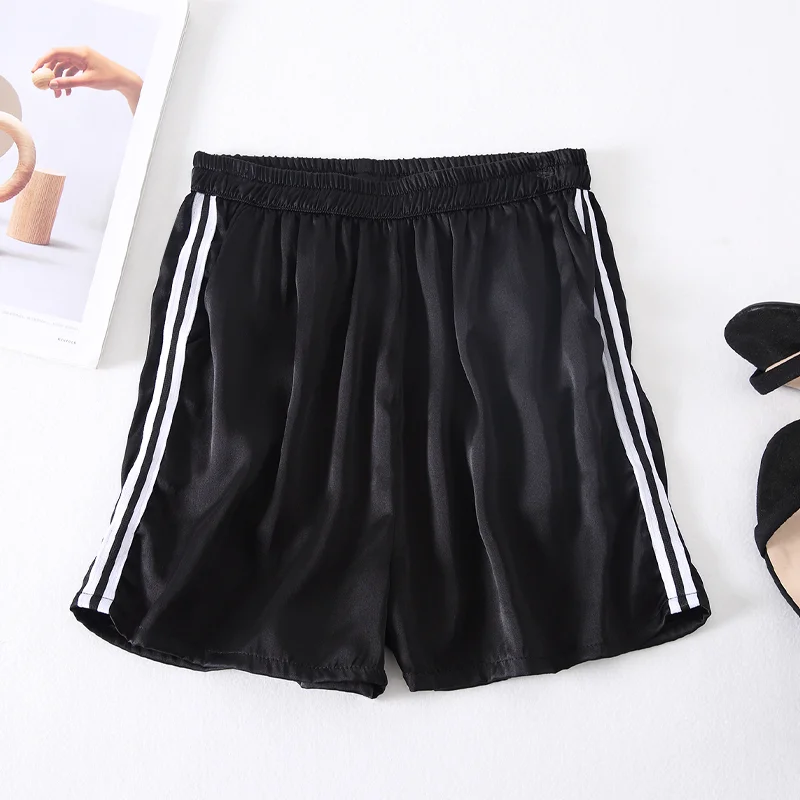 Summer Silk Shorts Women's Elastic Waist Loose Versatile Casual Pants Mulberry Silk Outwear Sports Straight Leg Wide Leg Pants