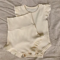 2022 summer new baby solid ribbed clothes set infant girl fly sleeve bodysuit high waist shorts 2pcs suit baby boy outfits