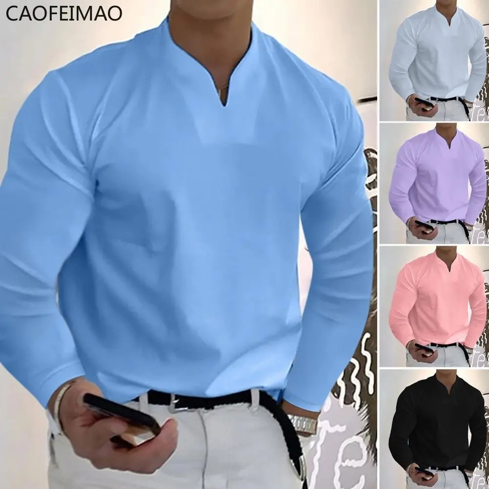 

Handsome man shirt long sleeve pullover v-neck solid t-shirts colorfast oversized coat menswear spring autumn fashion shirt