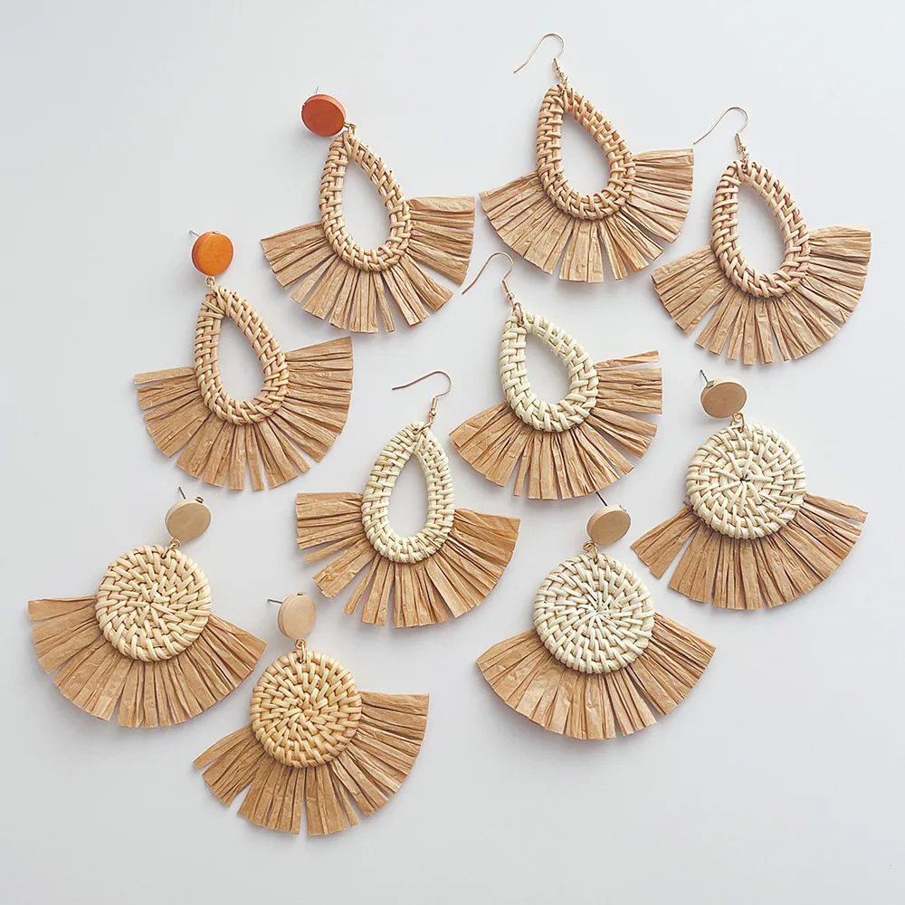 

Bohemian Summer Beach Holiday Vintage Round Tassel Rattan Straw Dangle Earings