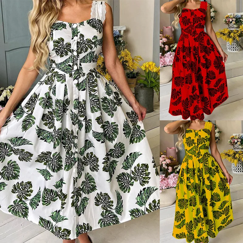 

Personalized fashion women's dress 2022 summer new home commuting sexy button suspender print dress
