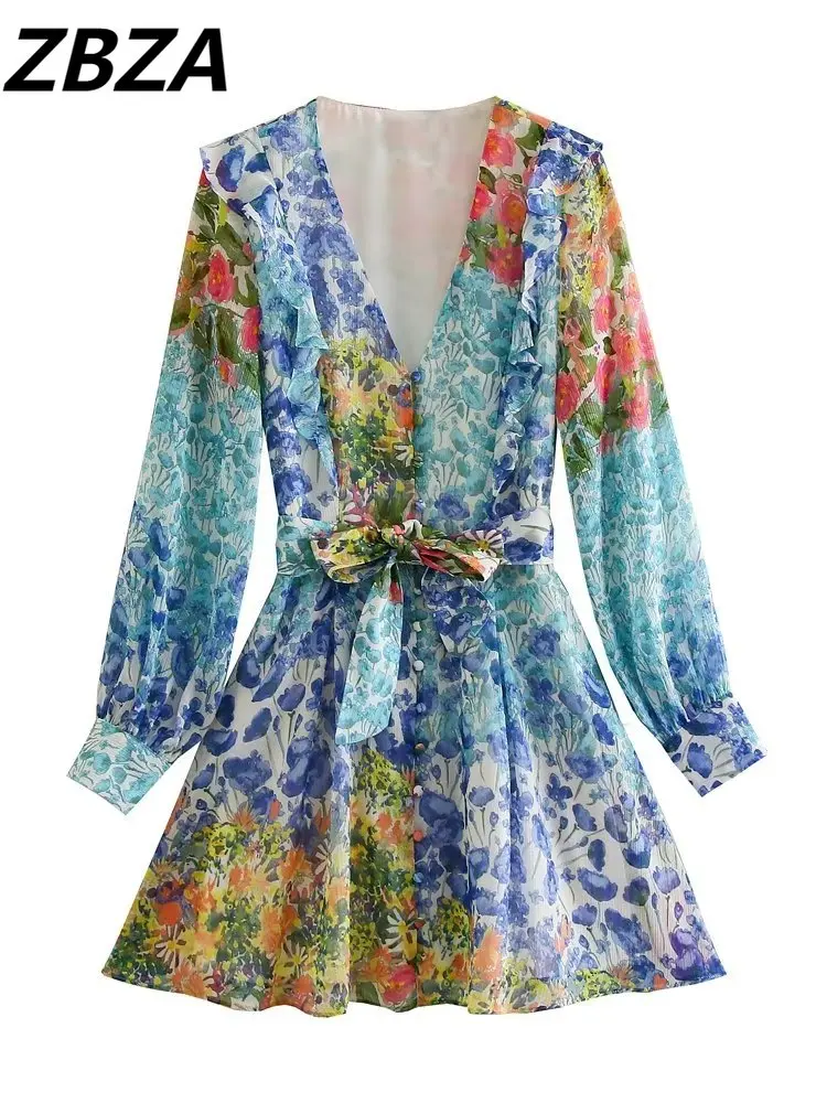 

ZBZA женское 2023 Новое шикарное модное платье с цветочным принтом винтажные женские платья с длинным рукавом и поясом с орнаментом Vestidos Mujer