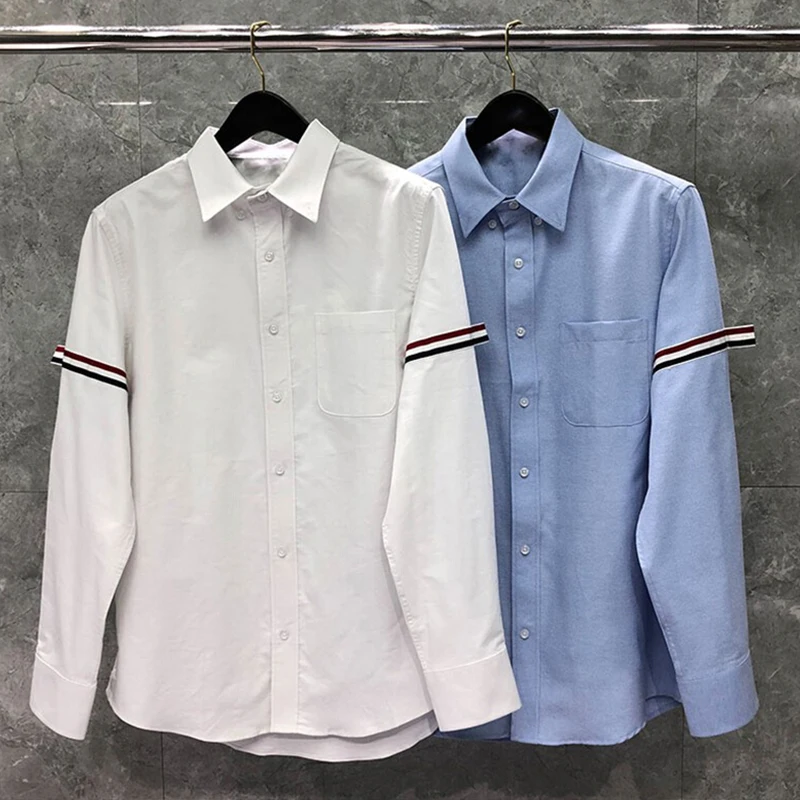 

TB THOM Men Shirt Spring Autumn Fashion Brand Men's Tops RWB Ribbon Armband Vertical Stripe Designer Cotton Oxford Casual Shirt