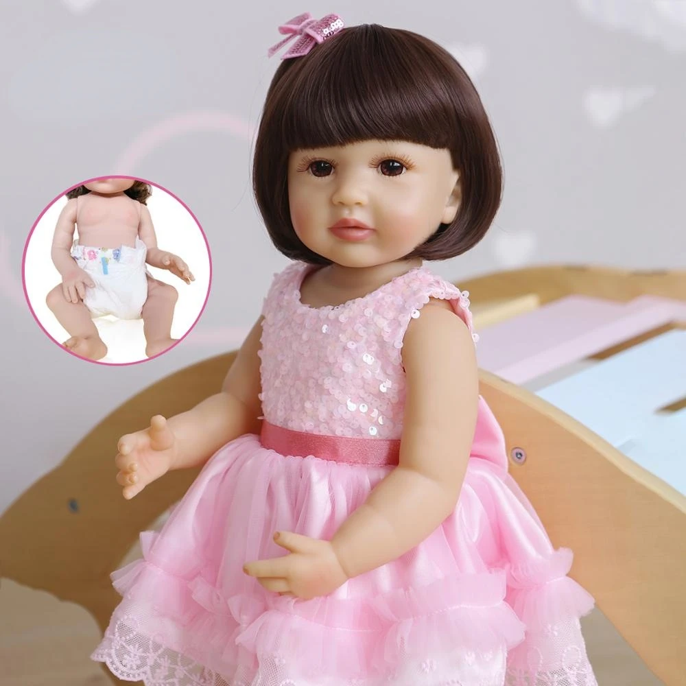 

Кукла реборн, Реалистичная силиконовая кукла для девочек, мягкое на ощупь, розовое платье, 55 см