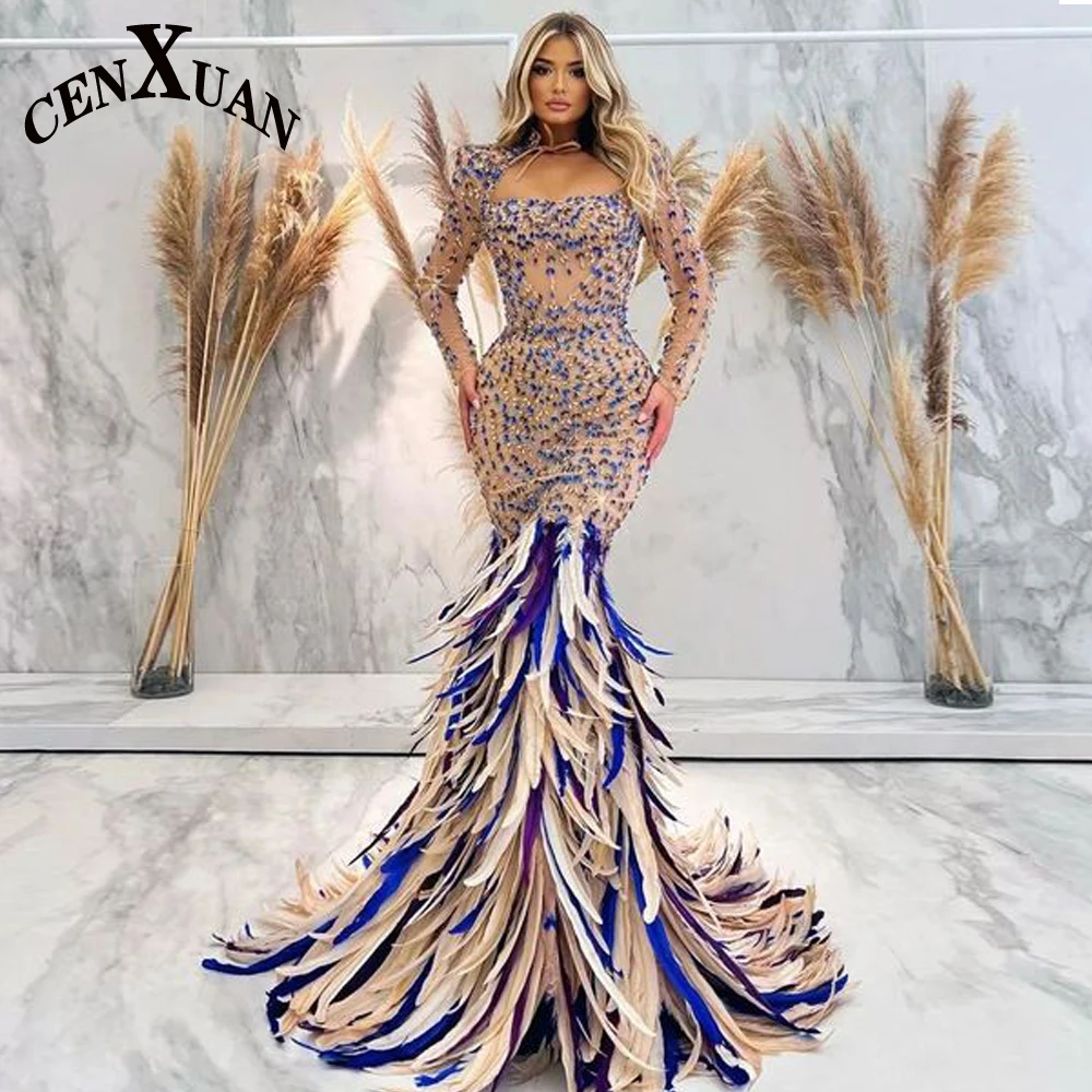 

CENXUAN Fashionable Mermaid Evening Gowns For Women Feather Crystals High Neck Floor Length Vestido De Noche Made To Order