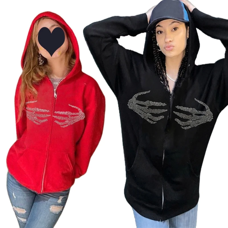 

Women Harajuku Hoodies Jacket Rhinestone Skeleton Hand Zip Oversized Sweatshirt