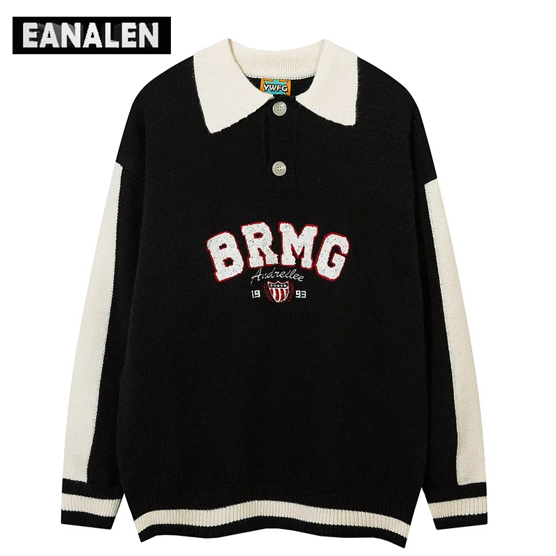 

Harajuku Lapel Sweater Men's Street Oversized Pullover Campus Retro Knit Sweater Grandpa Ugly Sweater Women's Y2K Thick Sweater