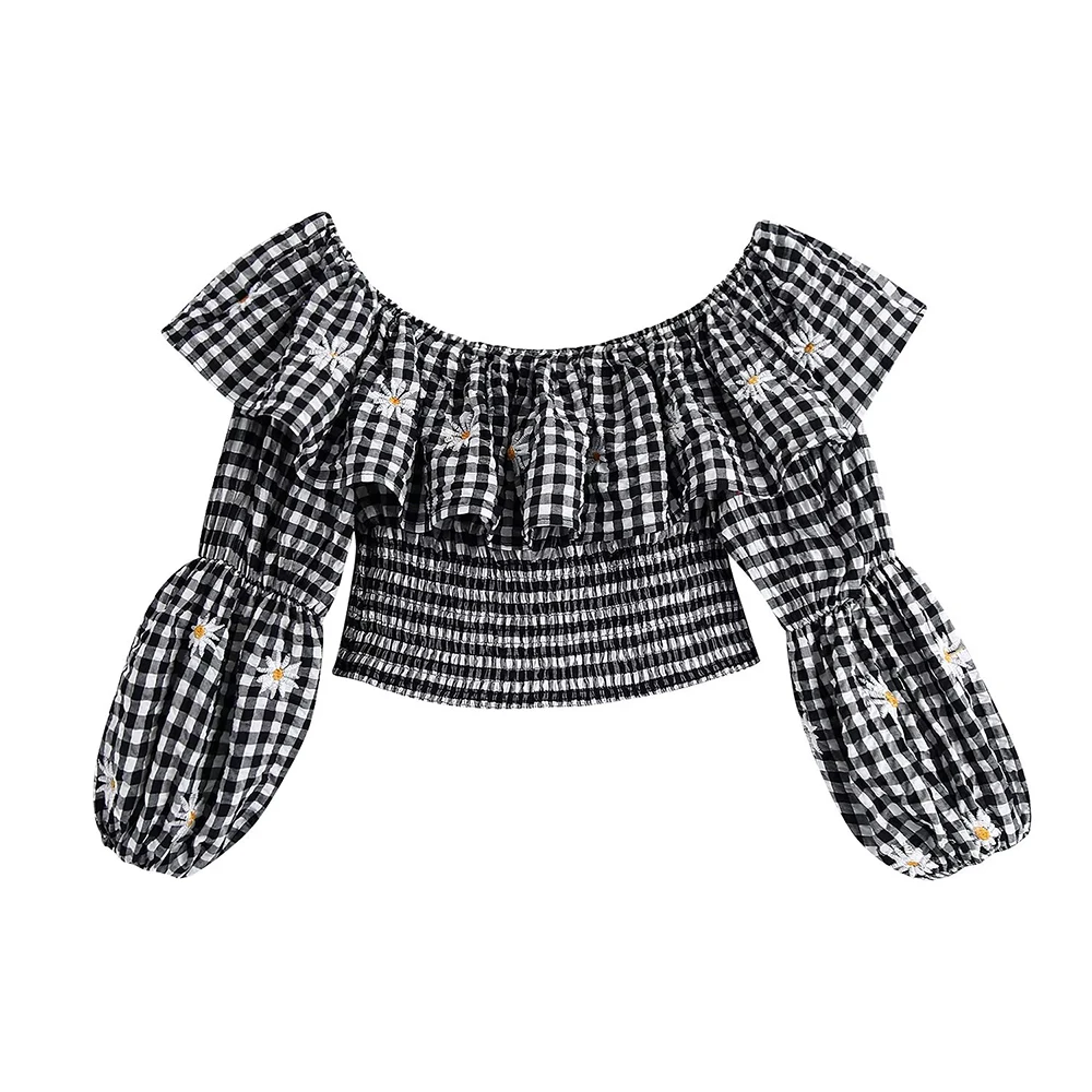 

PB&ZA Women 2022 New Fashion Plaid Blouses Puff Sleeve Floral Embroidery Slash Neck Female Shirts Streetwear Chic Tops 3564082