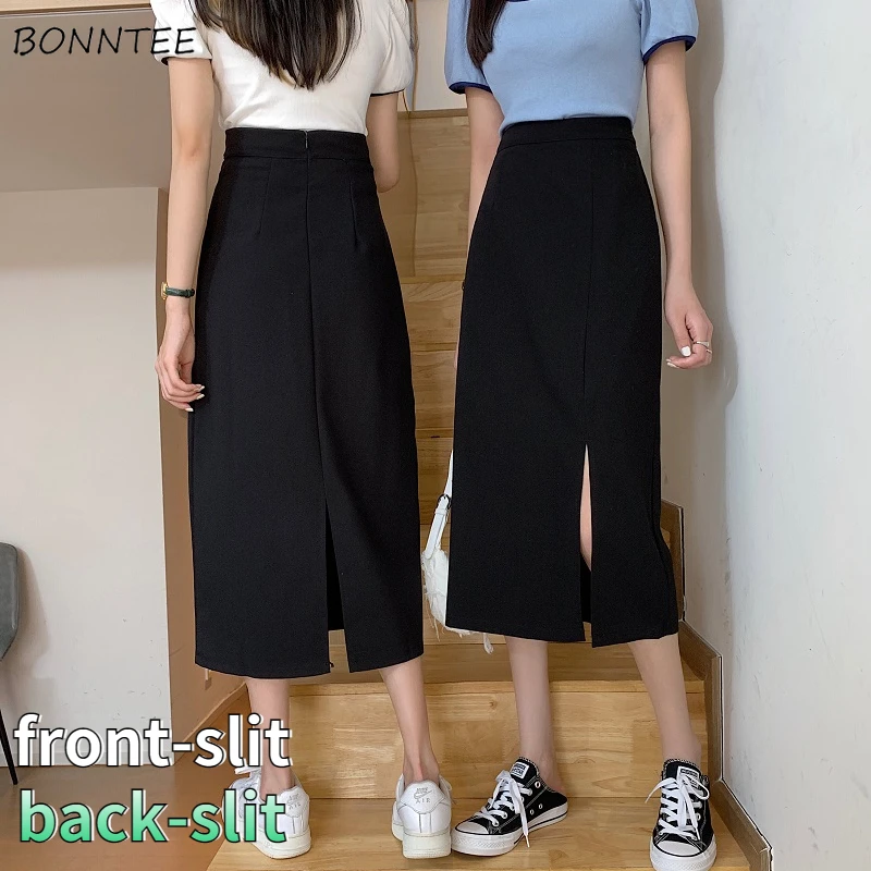

Skirts Women Summer Front-slit Fashion Mujer Faldas Mid-Calf Solid Casual High Waist All-match Streetwear Friends Young Chic Ins