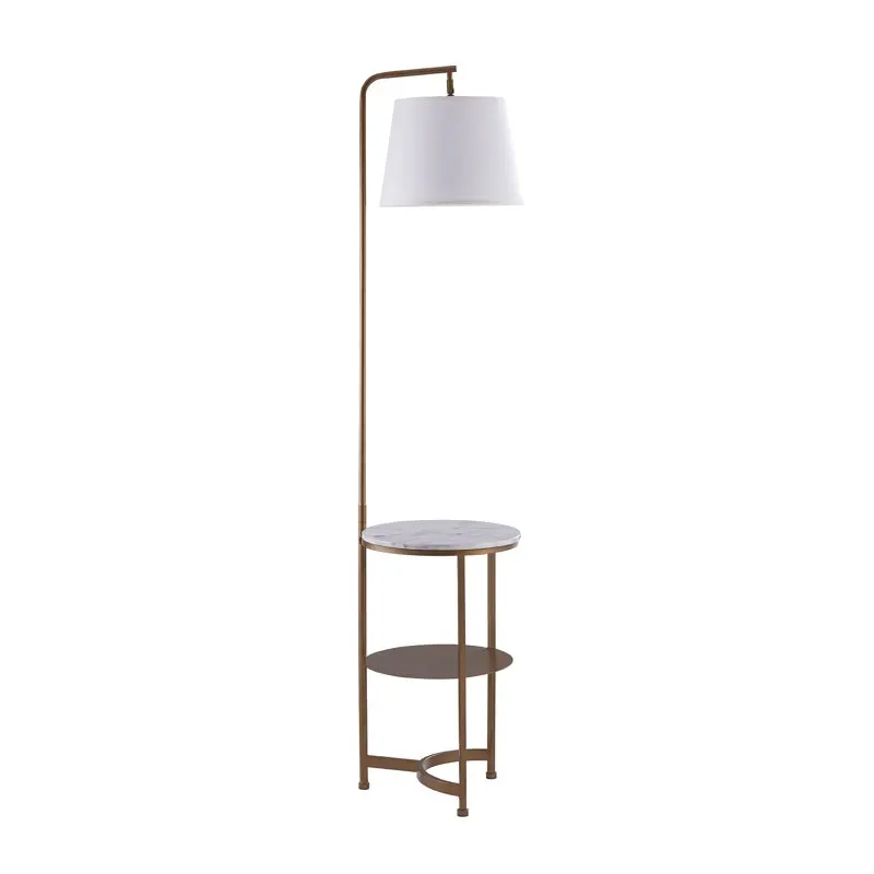 

Lilah Floor Lamp with Faux Marble Tray Table and -In USB Port, White/Brass