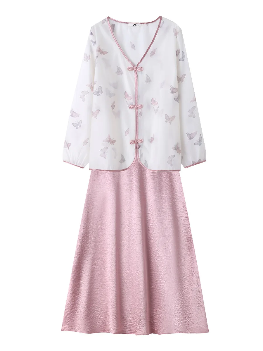 155Kg Plus Size Women's Bust 170 Spring Summer New Style Chinese Chiffon Top Pink Half Skirt Loose Set 5XL 6XL 7XL 8XL 9XL