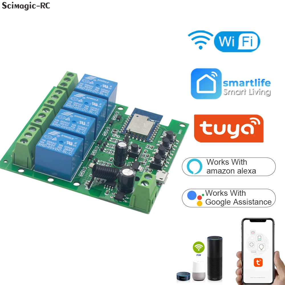 

4CH WiFi переключатель Tuya Smart Life Пульт дистанционного управления Беспроводной смарт-переключатель Модуль DIY 10A Реле Голосовое управление с Alexa Google Home